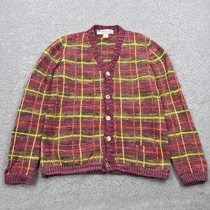 Manos del Uruguay Cardigan Womens OS Pink Plaid Wool Button Up Sweater Hand Knit